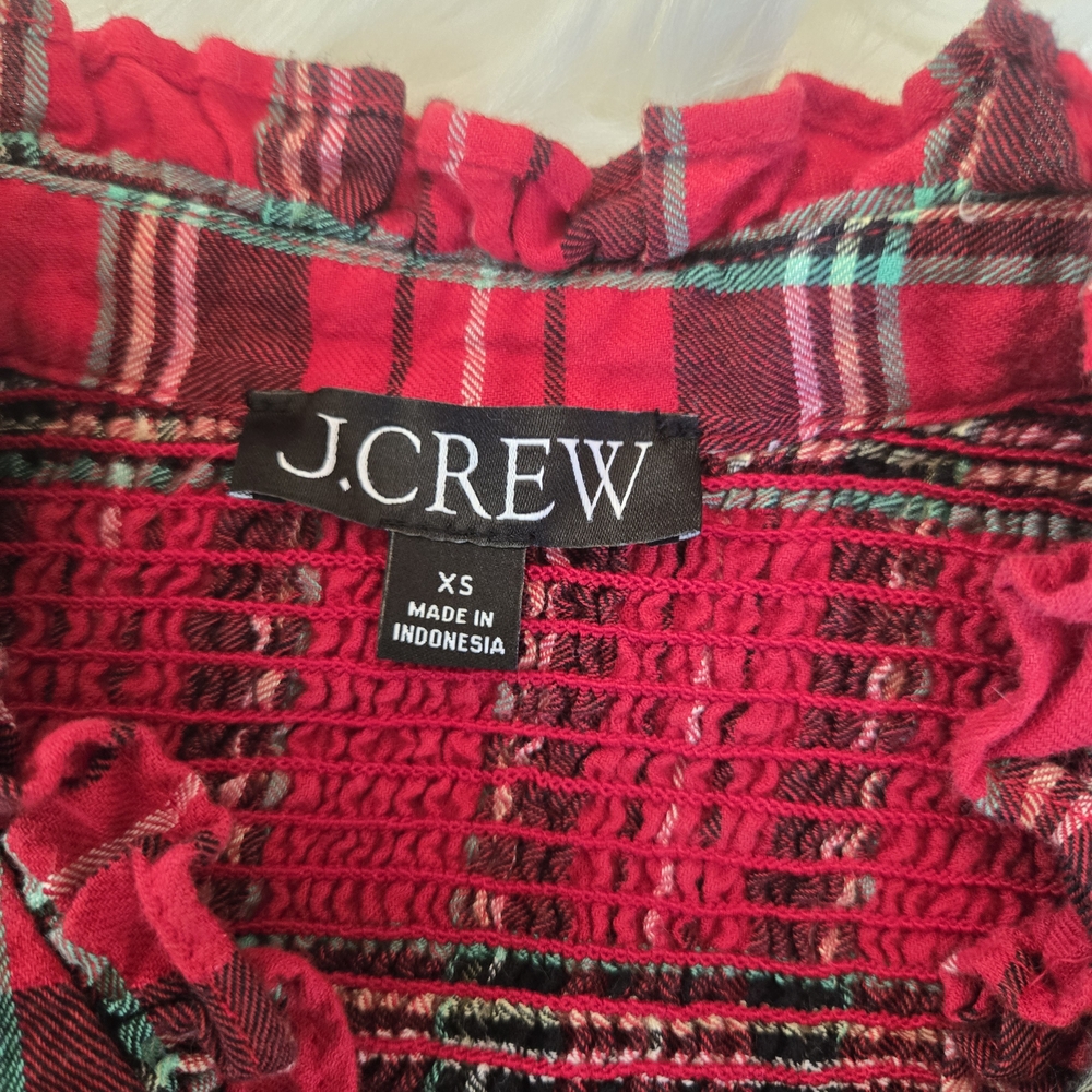 J. Crew Red Plaid Smocked Blouse with Green Accents Dize XS - Picture 2 of 4